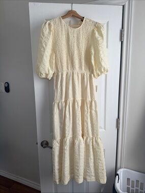 En Saison Cream Smocked Tiered Maxi Dress with Puff Sleeves